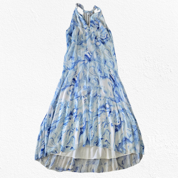 Saylor Blue Marble Print Halter Maxi Dress Sleeveless Tassel Belt Size Small - Picture 1 of 10